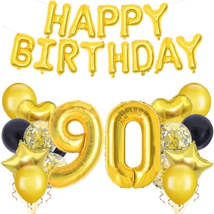Gold and black 90th birthday balloon set with foil letters and heart star shapes