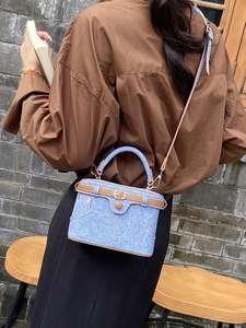 Women Retro Denim Look PU Leather Box Bag Vintage Small Square Handbag Adjustable Strap Casual Shoulder Crossbody Bag