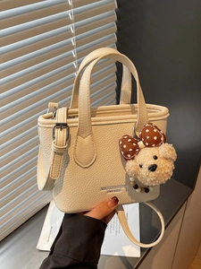 Women Lychee Pattern PU Leather Bucket Handbag Fashion Casual Handheld Crossbody Bag With Bear Pendant Small Tote Shoulder Bag