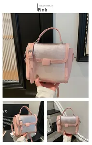 Pink leather handbag detail showing square buckle flap and silver textured patchwork panels