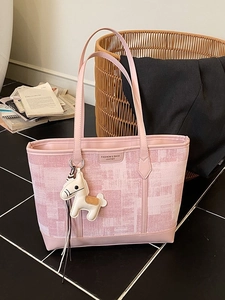 Pink large capacity casual tote bag with plaid texture and horse charm for women