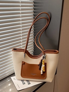 Vintage large capacity tote bag with brown straps and beaded charm for daily commute