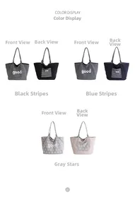 Detail showing various colors of striped canvas tote bags with good letter embroidery