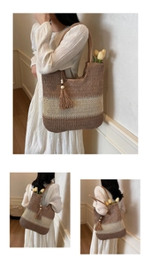 Close-up of color-block woven tote bag with fringe tassel and yellow tulips