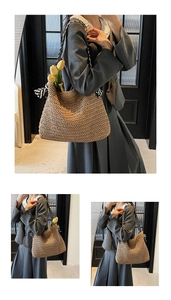 Detail of woven straw shoulder bag with black and white striped bow strap and interior view