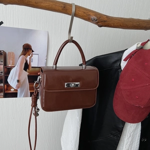 Detail einer braunen Vintage-Lederhandtasche mit silbernem Drehverschluss und Schultergurt
