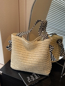 Handmade Woven Straw Tote Bag For Women Bohemian Beach Shoulder Bag With Striped Scarf Ribbon Handle Large Capacity Casual Bag