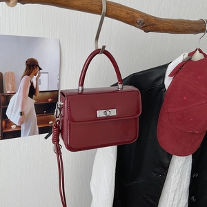 Detail einer weinroten Hochglanz-Box-Tasche an einem Zweig mit Mode-Accessoires