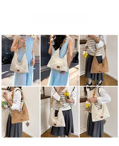 Detailed look at hand-woven crochet tote bags with decorative wooden bead handles
