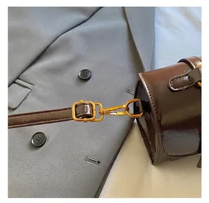 Makroansicht der goldenen Metallschnalle und glänzendem dunkelbraunem Leder am Tasche