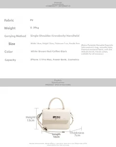 Detaillierte Größentabelle einer weißen Retro-Handtasche aus PU-Leder mit Maßen