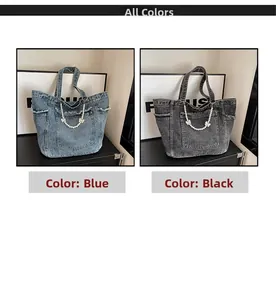 Detail of blue and black denim tote bags with pearl chain and bow accents