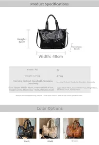 Detailed size chart and specifications for the large capacity leather tote handbag