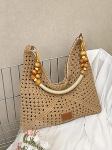 Women Bohemian Hollow Crochet Woven Tote Bag With Wood Bead Handle Large Capacity Vacation Style Beach Shoulder Handbag