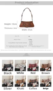 Detailed size chart for retro woven shoulder bag with dimensions and 8 color options