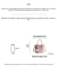 Spécifications détaillées du sac seau rose en cuir PU avec comparaison de taille mobile