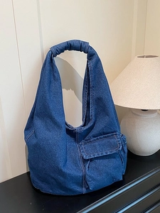 Minimalist vintage dark blue washed denim shoulder bag with pleated handle design