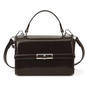 Structured dark brown glossy leather handbag with silver turn-lock and top handle