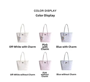 Color display of large floral tote bags in cream, pink, and blue with bear charms