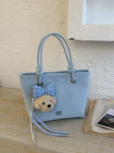 Women PU Leather Tote Bag Minimalist Shoulder Bag With Plush Bear Pendant Retro Commuter Handbag Casual Crossbody Bag