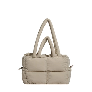 Chic beige quilted puffer tote bag with glossy nylon fabric and dual carry handles