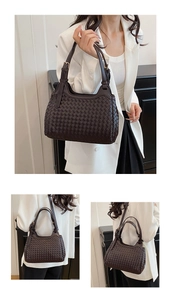 Close-up of dark brown woven tote with gold hardware and adjustable strap detail
