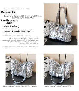 Borsa tote trapuntata argento con dimensioni e capacità rispetto a rivista A4 e tablet iPad