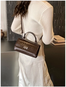 Detail of dark brown crocodile embossed leather handbag with silver metallic twist lock