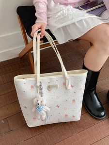 Fashion Cute Cartoon Print Tote Bag Women Large Capacity PU Leather Shoulder Bag Casual Daily Handbag With Plush Charm