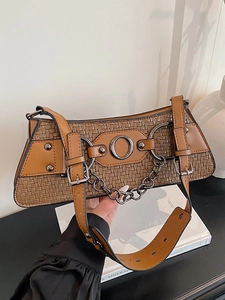 Fashion Woven PU Leather Underarm Bag For Women Adjustable Strap Metal Chain Rivet Decor Baguette Shoulder Bag Street Style