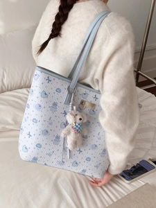 Cute cartoon print tote bag with heart patterns and plush puppy charm for women