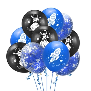 Close-up of space theme latex balloons featuring astronauts and confetti for party decor