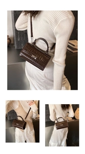 Close-up of dark brown crocodile texture leather bag with silver twist lock and handle