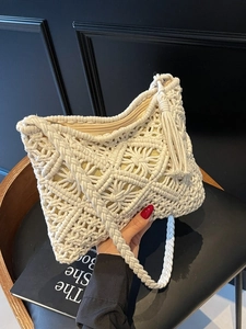 Sac à épaule en coton tissé crème fait main avec franges à glands et fermeture éclair