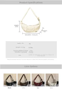 Size chart for the pleated crescent underarm bag showing detailed PU leather dimensions