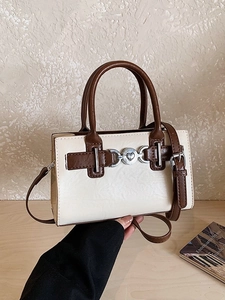 Retro cream white square handbag with brown leather straps and heart buckle detail