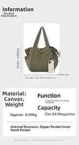 Detailed size specifications of an olive green canvas tote bag for daily commuting