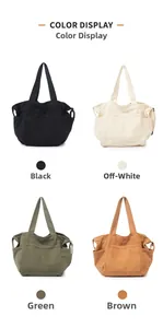 Detailed grid view showing large canvas tote bags in black, white, green, and brown colors