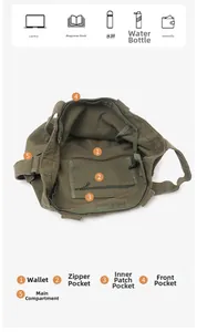 Detail view of large olive canvas tote showing multi-pockets and internal storage space