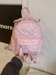 Pink heart embroidery mini backpack made of PU leather with quilted pattern