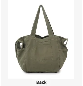 Rear view of large olive green canvas tote bag showing durable fabric texture