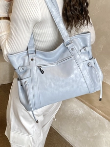 Women Large Capacity PU Leather Tote Bag Fashion Stitching Commuter Shoulder Bag Retro Solid Color Handbag With Zipper Pockets