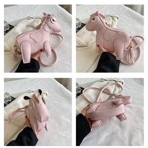 Detailed four-angle shots of pink cartoon horse crossbody bag in textured faux leather