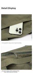 Detail display of army green canvas bag showing front pocket and smooth metal zipper