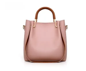 Vista posteriore dettagliata della borsa a secchiello rosa e marrone con fibbie d'oro