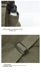 Detail of adjustable canvas strap and side pocket for umbrella or bottle storage