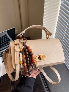 Sac à Bandoulière en Cuir PU Rétro pour Femmes Sac à Main Carré Vintage Avec Gland Perlé Serrure Sacoche de Mode Quotidienne