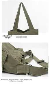 Detail view of reinforced handle and shoulder strap stitching on army green canvas bag