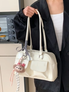 Retro cream white Boston bag with ribbon and bear charm for commuting women