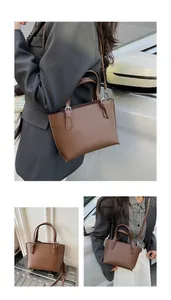 Detailed views of the brown litchi pattern leather tote bag with silver hardware